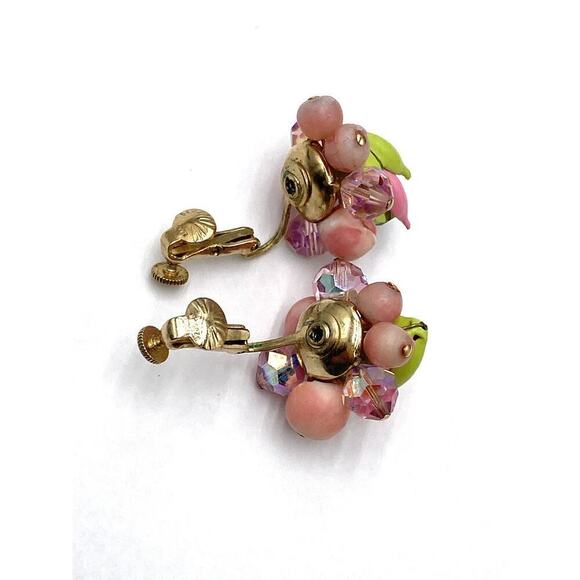 VENDOME Enamel & PINK Rhinestone FLOWER Clip Earrings Clip Ons Vintage Signed - Picture 7 of 7